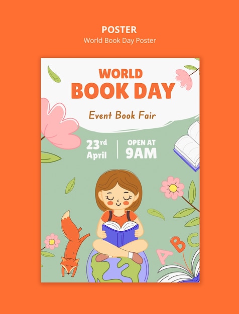 Бесплатный PSD Шаблон плаката для празднования всемирного дня книги