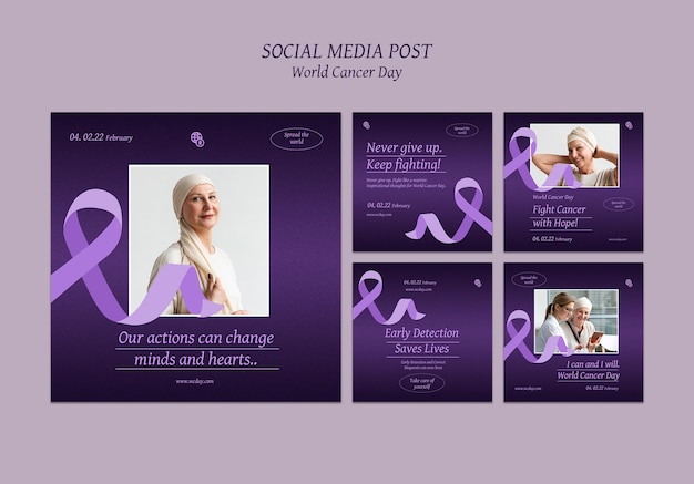 World cancer day social media posts with purple details