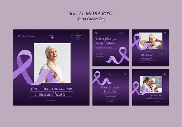 world cancer day social media posts with purple details