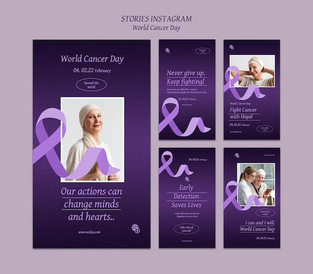 보라색 디테일이 있는 세계 암의 날 소셜 미디어 이야기 프리미엄 PSD 파일