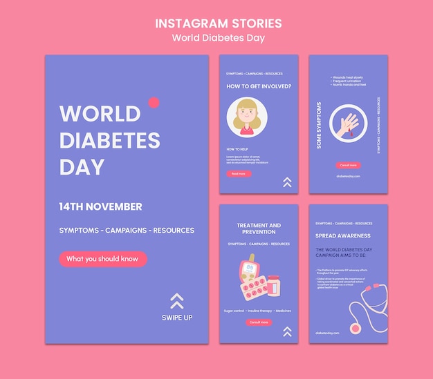 無料PSD 世界糖尿病デーのinstagramの投稿セットストーリー