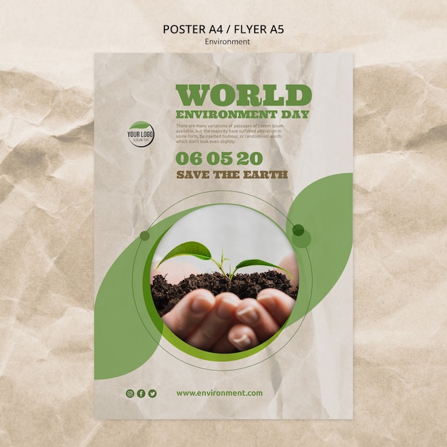 Free PSD world environment day poster template with hands holding plant
