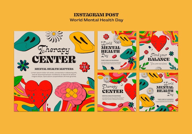 Free PSD world mental health day instagram posts collection with abstract shapes