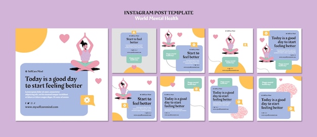 PSD gratuito raccolta di post instagram della giornata mondiale della salute mentale