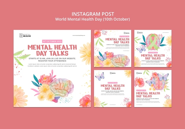 Бесплатный PSD Посты в instagram по случаю всемирного дня психического здоровья