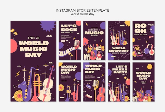 PSD gratuito storie di instagram per la celebrazione della giornata mondiale della musica