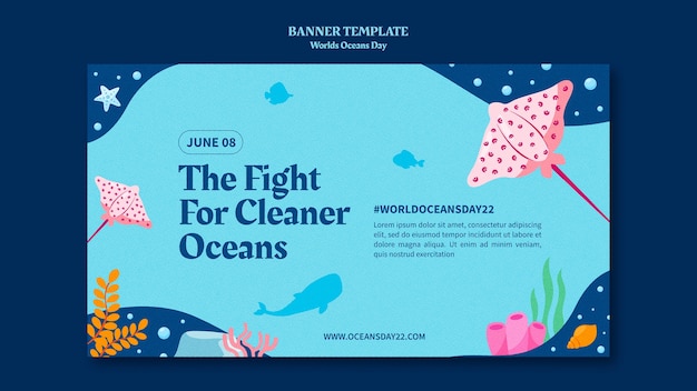 Free PSD world oceans day horizontal banner template with marine life