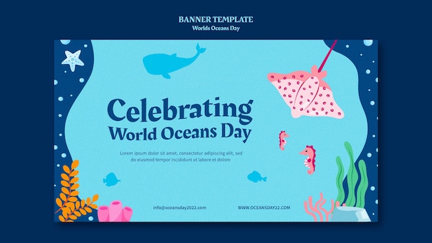PSD gratuito modello di banner orizzontale della giornata mondiale degli oceani con vita marina