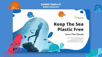 Free PSD world oceans day horizontal banner template with person scuba diving