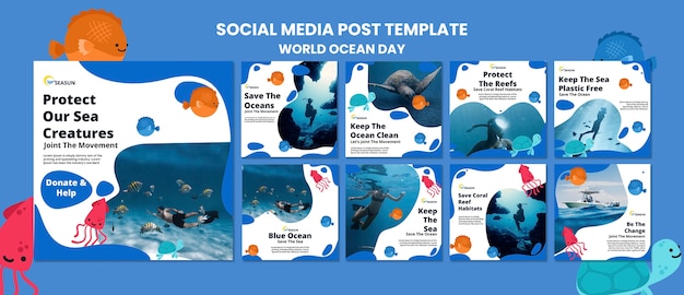 Бесплатный PSD Коллекция постов в instagram о всемирном дне океанов с человеком, ныряющим с аквалангом
