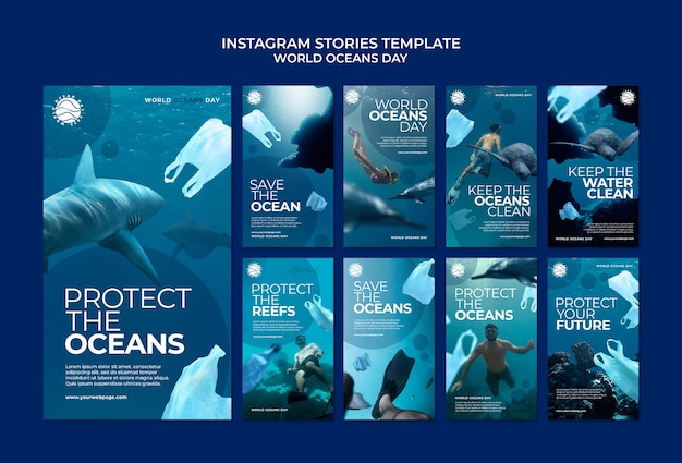 PSD gratuito raccolta di storie di instagram della giornata mondiale degli oceani con vita marina e inquinamento plastico