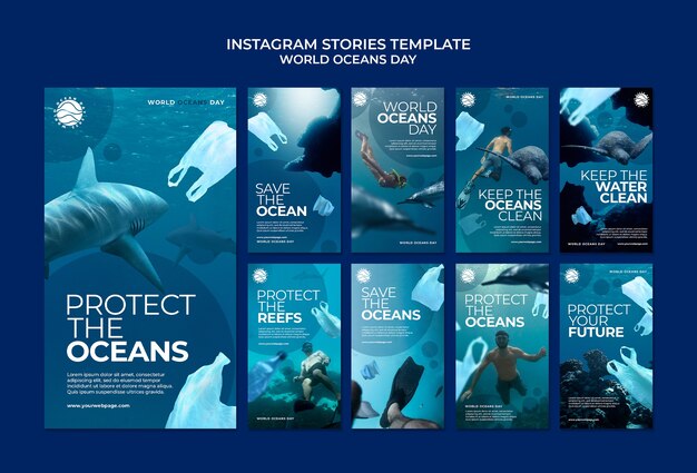 World oceans day instagram stories collection with marine life and plastic polution