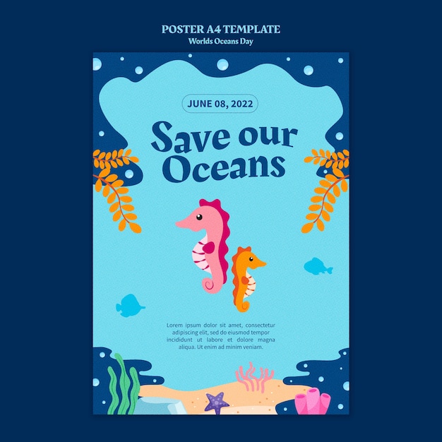 World oceans day vertical poster template with marine life