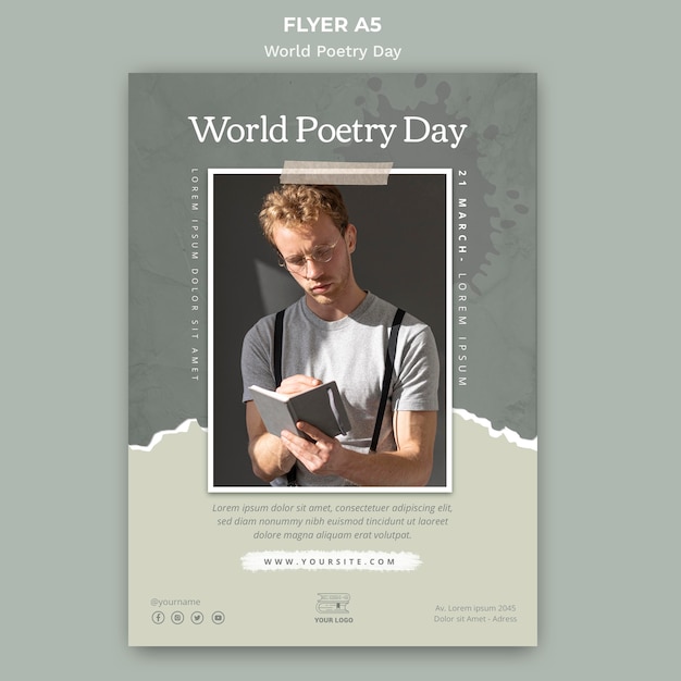 Шаблон флаера всемирного дня поэзии с фотографией