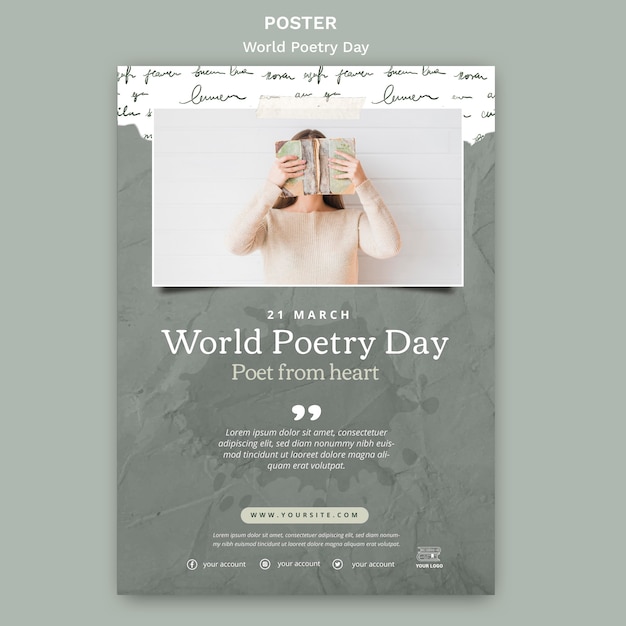 PSD gratuito modello di poster dell'evento della giornata mondiale della poesia con foto