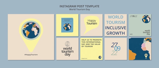 PSD gratuito raccolta di post instagram per la giornata mondiale del turismo