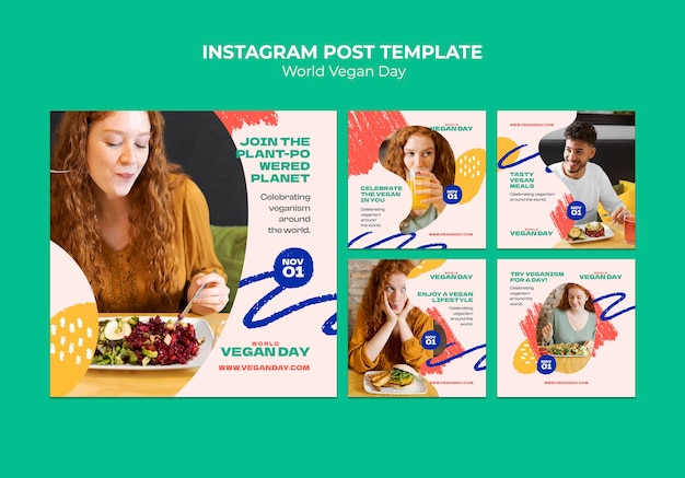 PSD gratuito raccolta di post instagram per la giornata mondiale dei vegani