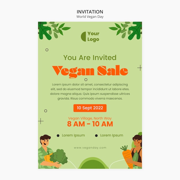 Free PSD world vegan day invitation with leaves