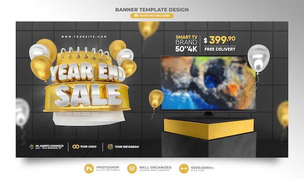 Year end sale banner in 3d render with balloons and podium for marketing composition