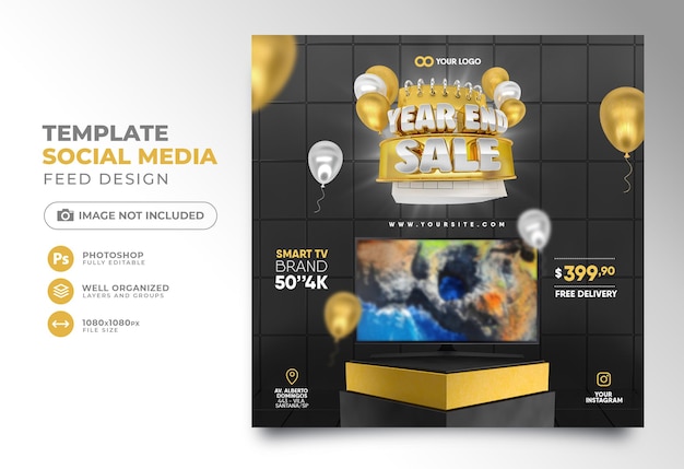 Year end sale banner in 3d render with balloons and podium for marketing composition Free Psd