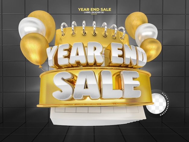 Year end sale label in 3d render with balloons and podium for marketing composition Premium Psd