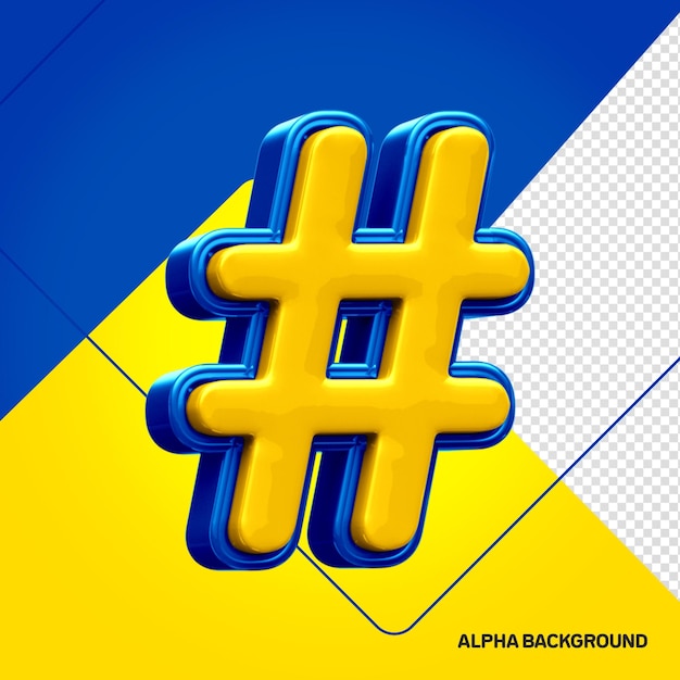 Alfabeto giallo con segno hashtag 3d blu