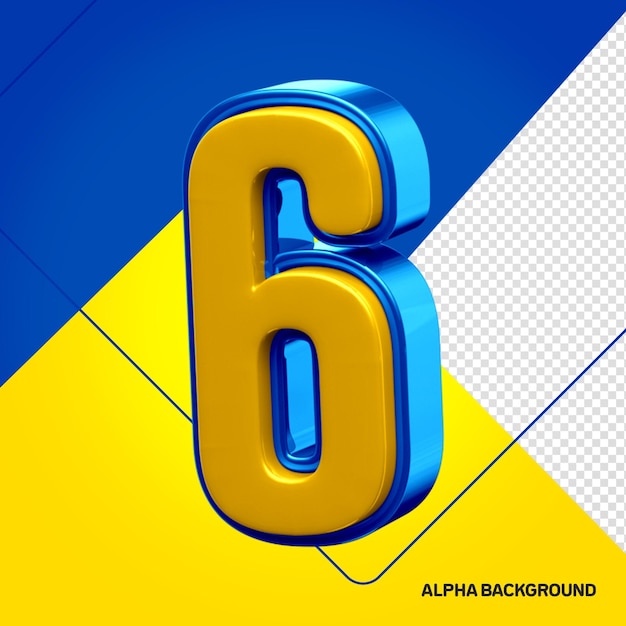 Alfabeto giallo con il numero 6 3d blu