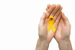 Free PSD yellow ribbon held in hand