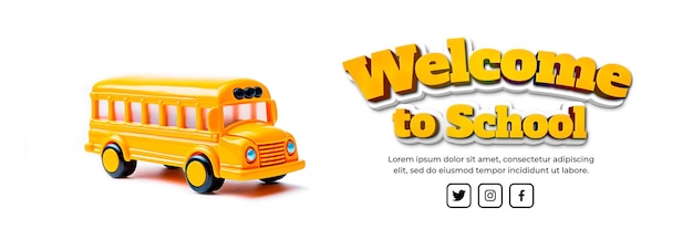 Yellow toy school bus banner in profile on white background