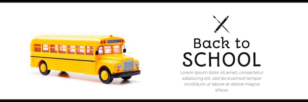 Yellow toy school bus banner with text on a white background