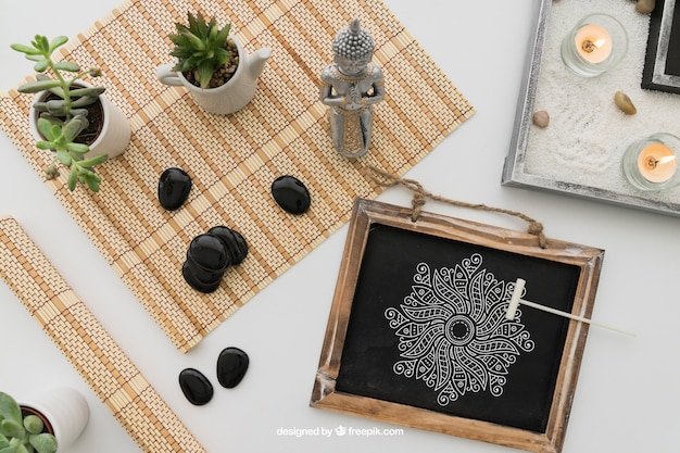 Free PSD yoga composition with drawing on chalkboard