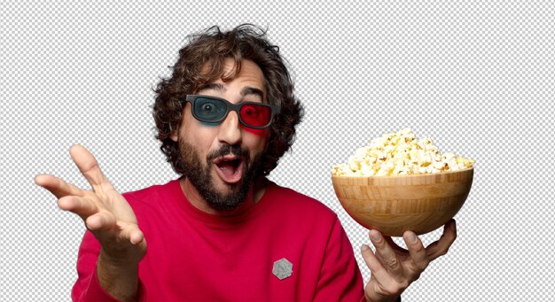 young adult bearded man popcorns and movie concept