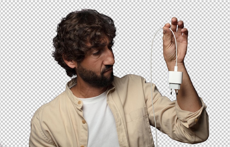 Free PSD young adult bearded man smartphone charger concept