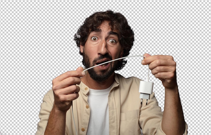 Free PSD young adult bearded man smartphone charger concept