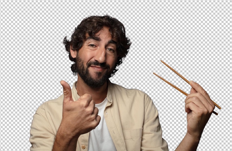 Free PSD young adult bearded man with chopsticks