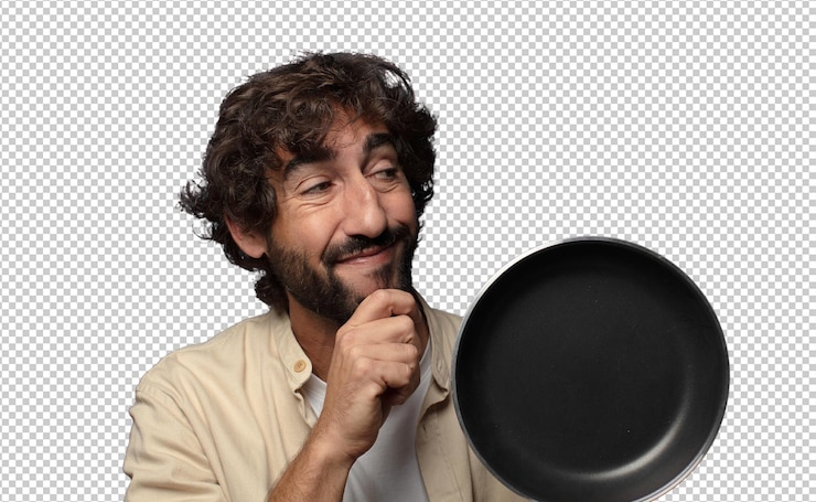 Free PSD young adult bearded man with a cooking pan