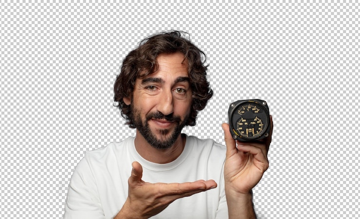 Free PSD young adult bearded man with a fuel meter