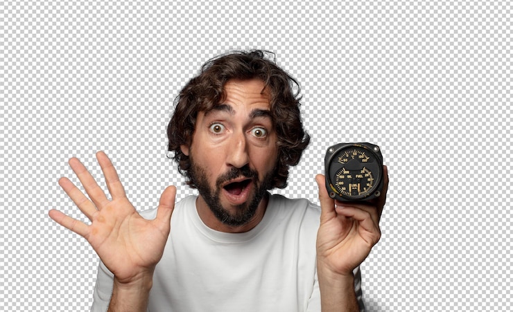 Free PSD young adult bearded man with a fuel meter