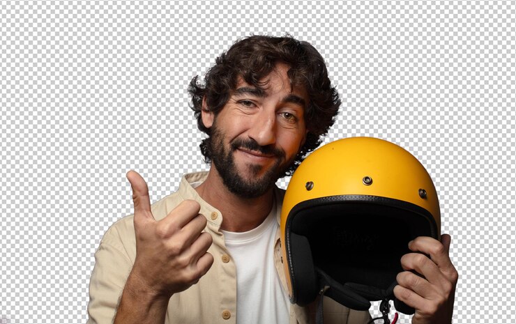 Free PSD young adult bearded man with a motorbike helmet