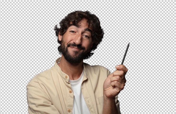 Free PSD young adult bearded man with a pencil