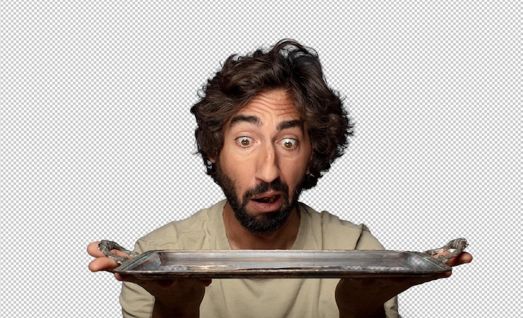 Free PSD young adult bearded man with a silver tray