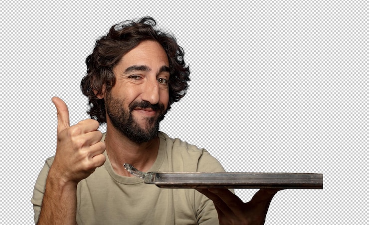 Free PSD young adult bearded man with a silver tray