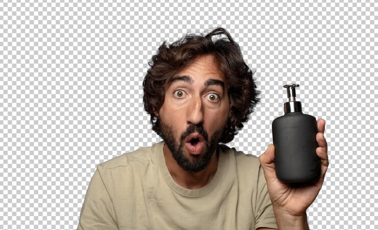 Free PSD young adult bearded man with a soap dispenser