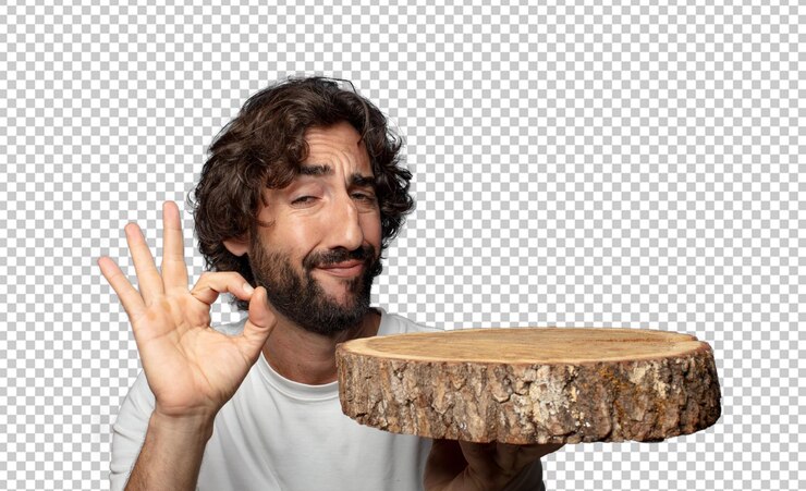 Free PSD young adult bearded man with a wooden copy space