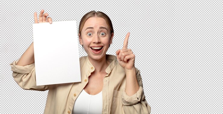 Free PSD young adult blonde woman holding a sheet of paper