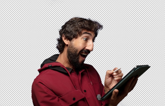young adult man using a touch screen tablet
