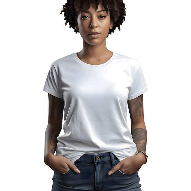 白い背景に白いTシャツを着た若いアフリカ系アメリカ人女性