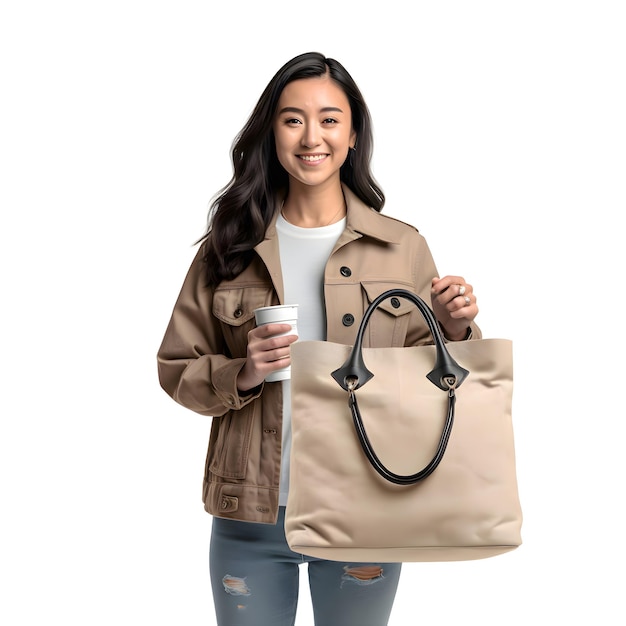 Free PSD young asian woman holding a coffee cup and a bag on white background