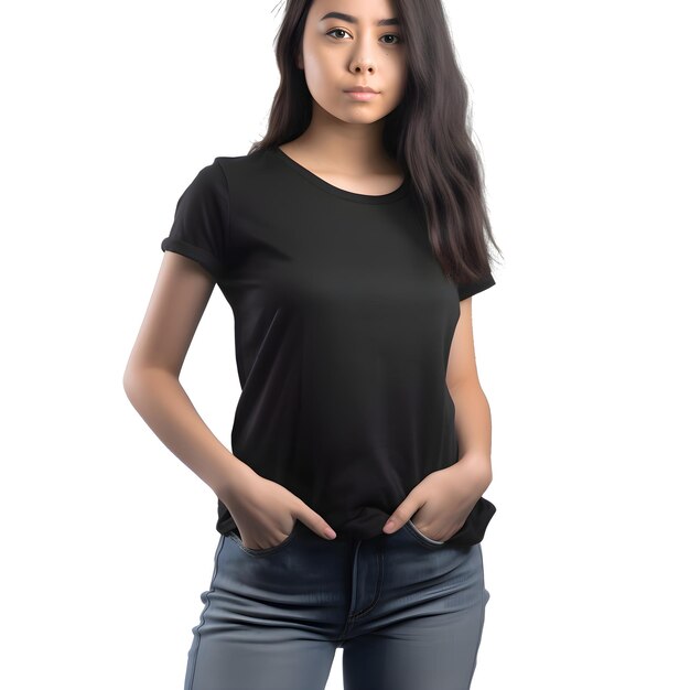  ⁇  배경 에 고립 된  ⁇ 색 검은 티셔츠 를 입은 젊은 아시아 여자