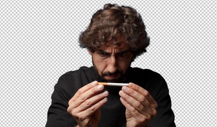 Free PSD young bearded crazy man with a cigarette